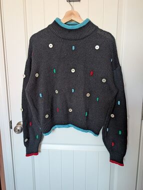 Vintage Organic Grown Juniors Button Knit Sweater Medium Multi Color/Black